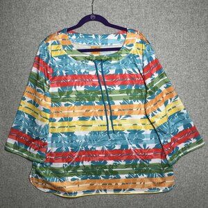 Ruby Rd Womens XL Top Blouse Striped Colorful Beach Tropical 3/4 Sleeve Stretch
